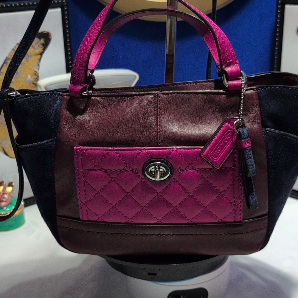 Coach Park Mini Quilted Colorblock In Navy Suede, Wine/ Pink Leather Purse - Picture 5 of 17